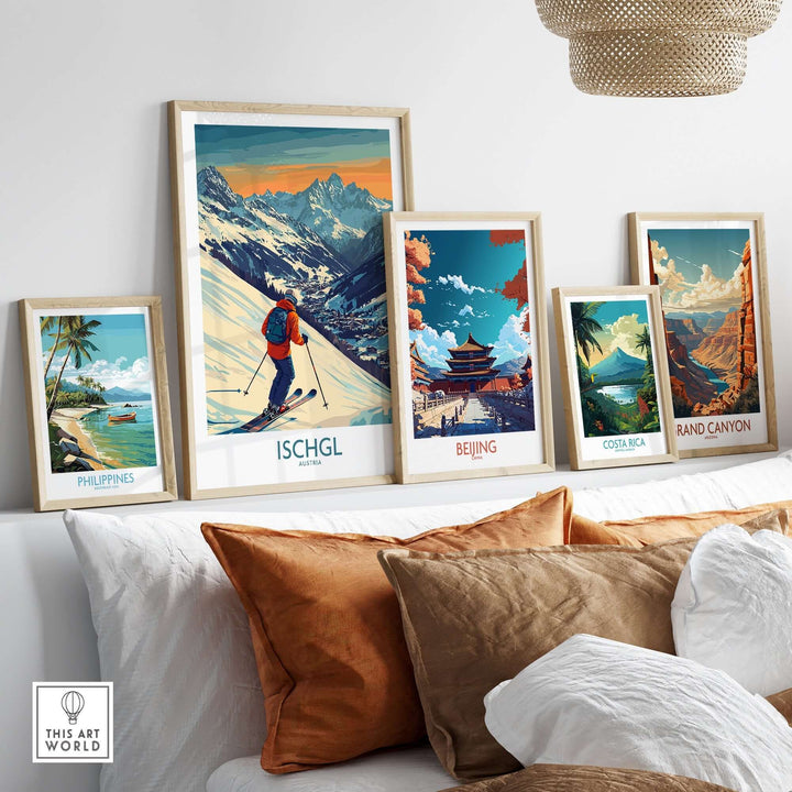 Ski poster of Ischgl, Austria displayed among vibrant travel art prints, showcasing stunning landscapes and adventure themes.