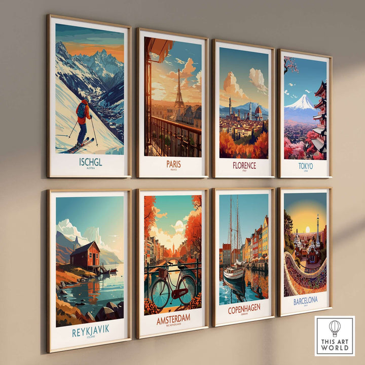 Collection of travel posters featuring Ischgl, Paris, Florence, Tokyo, Reykjavik, Amsterdam, Copenhagen, and Barcelona.