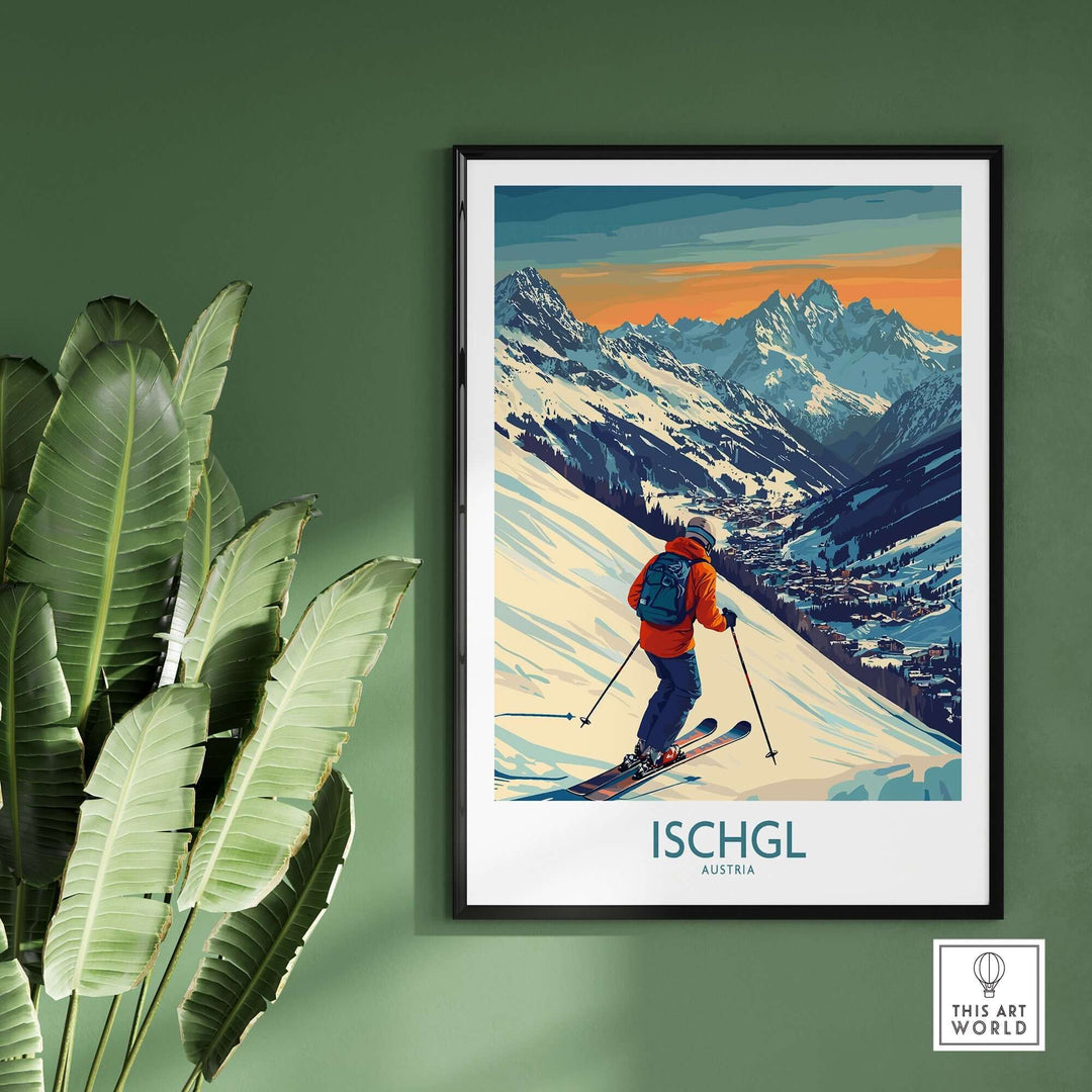 Ski poster of Ischgl, Austria, showcasing a skier on vibrant slopes with mountains in the background. Perfect for ski enthusiasts.