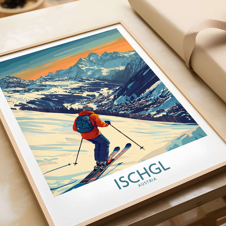 Ski poster of Ischgl, Austria, featuring a skier on the slopes with mountains in the background, perfect for ski enthusiasts.