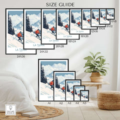 Size guide for La Tania ski poster showcasing various frame sizes and designs with alpine scenery.