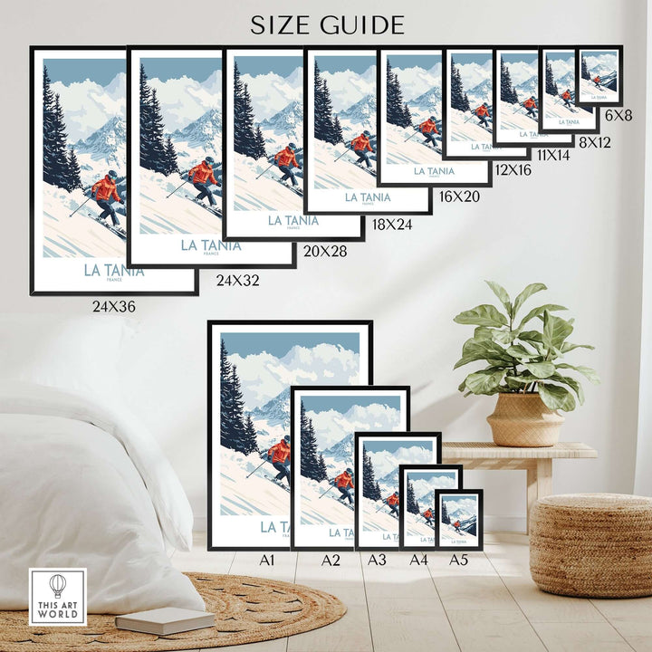 Size guide for La Tania ski poster showcasing various frame sizes and designs with alpine scenery.