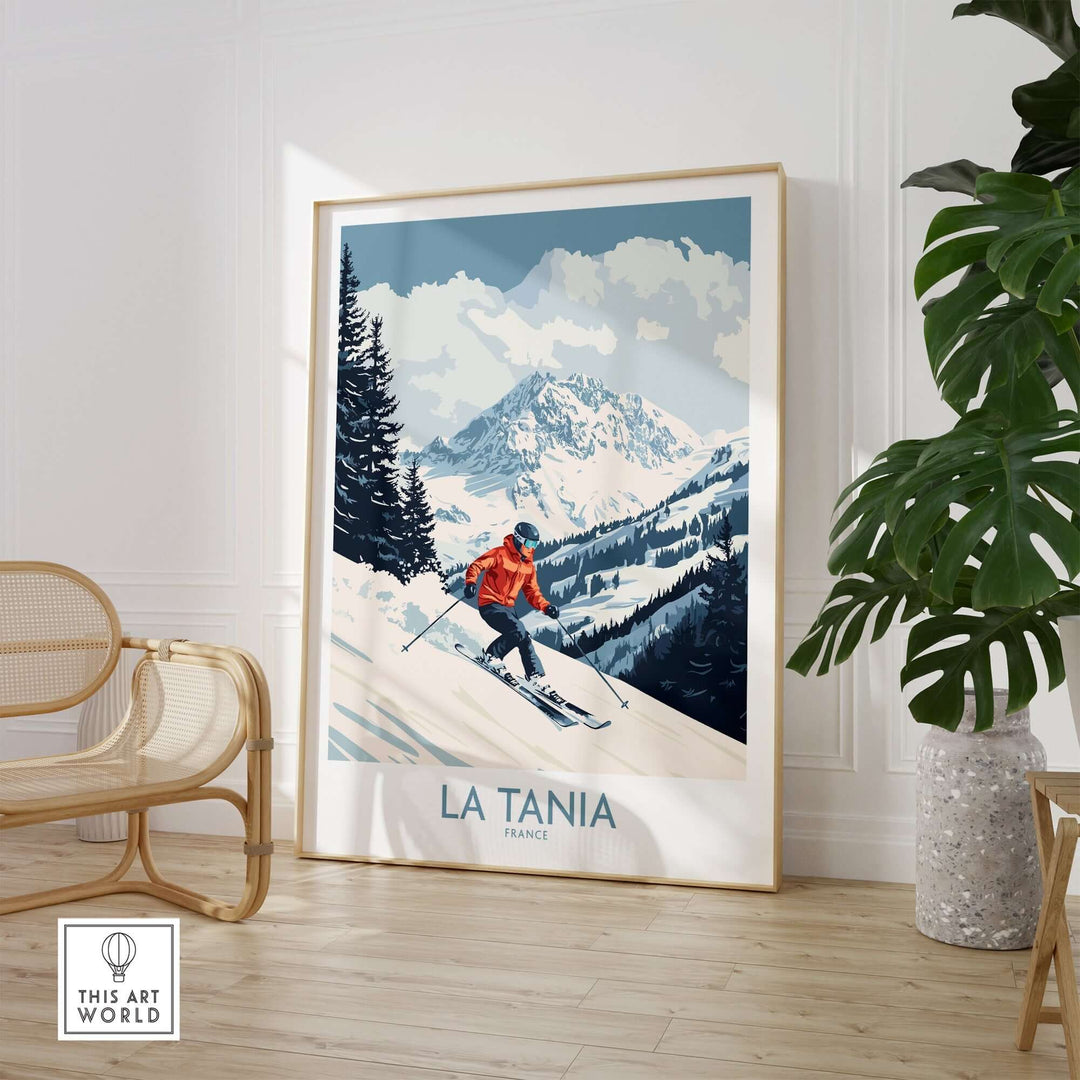 Vintage ski poster featuring La Tania, France, showcasing skiing in the picturesque French Alps. Perfect for ski lovers.