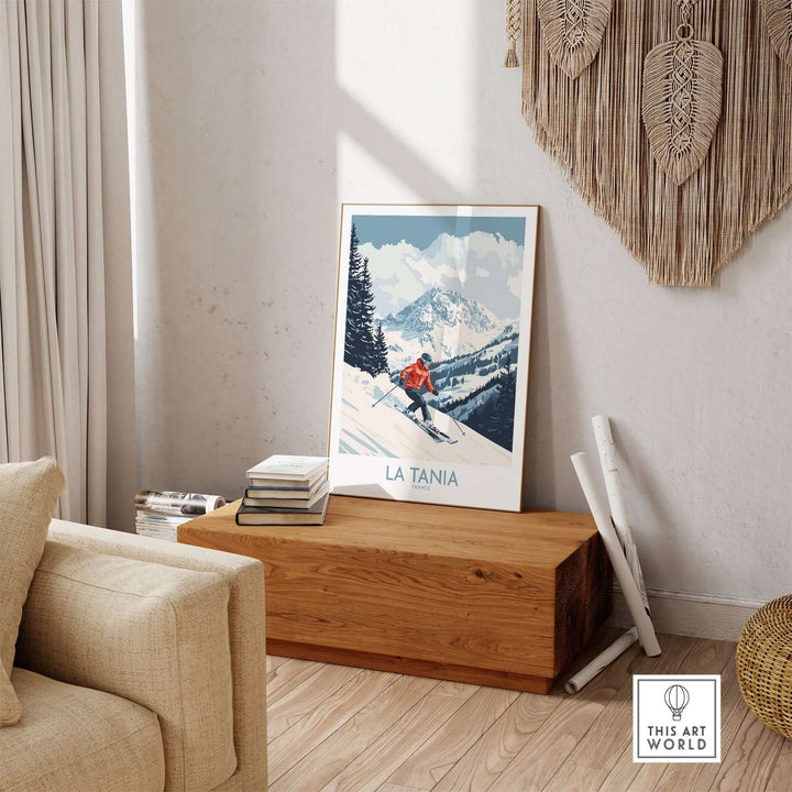 Vintage La Tania ski poster showcased in a cozy living room setting, highlighting the beauty of the French Alps.