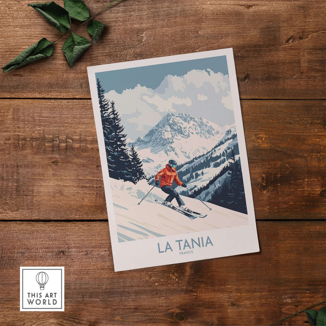 Ski poster of La Tania, France, showcasing a skier on snowy slopes with majestic mountains in the background.