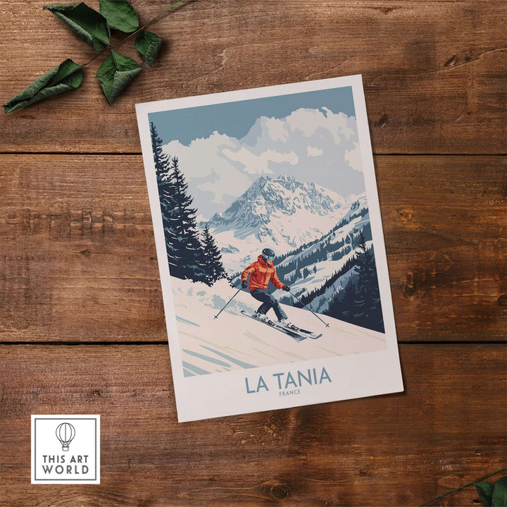 Ski poster of La Tania, France, showcasing a skier on snowy slopes with majestic mountains in the background.