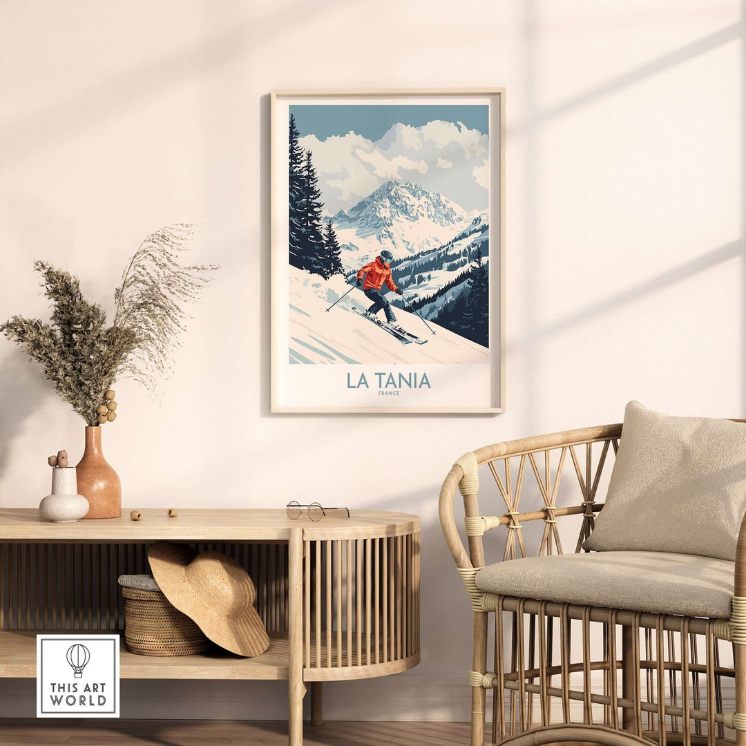 Ski poster of La Tania, France, showcasing a skier on the slopes with stunning mountain views in a stylish interior setting.