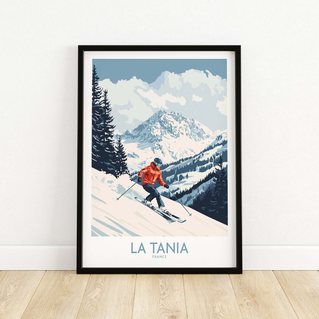 Ski poster of La Tania, France, showcasing a skier on snowy slopes with majestic mountains in the background.