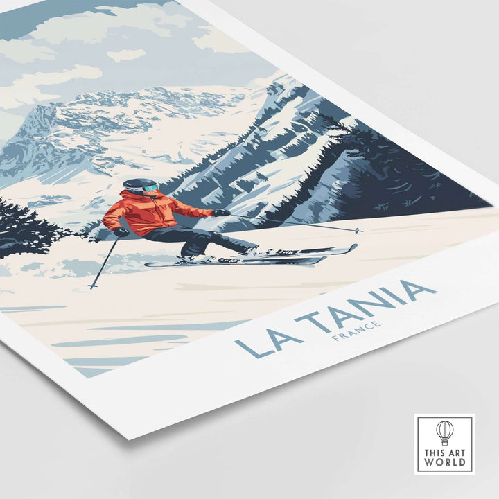 Ski poster featuring La Tania, France, showcasing a skier amidst the stunning French Alps landscape.