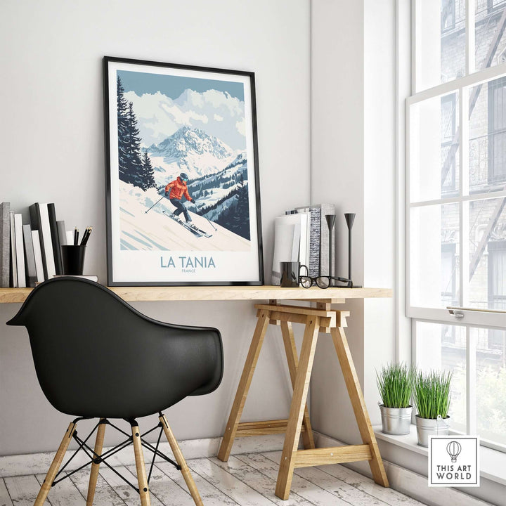 Ski poster of La Tania, France, displayed in a modern workspace, showcasing the beauty of the French Alps.