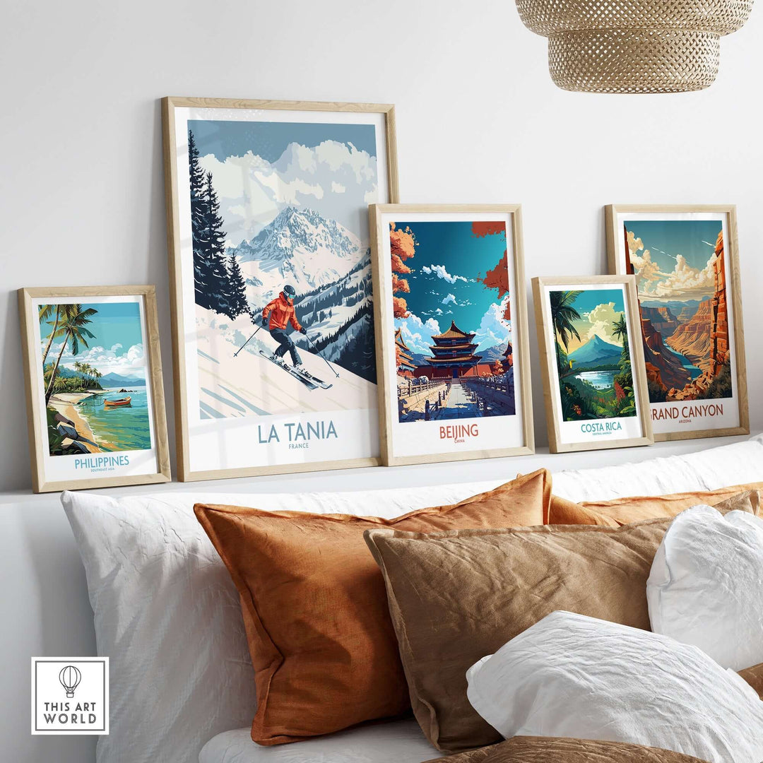 Ski poster of La Tania, France, displayed among travel posters, showcasing stunning alpine scenery and adventure themes.