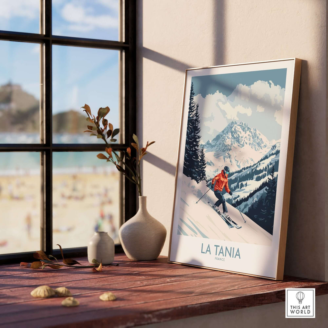 Ski poster of La Tania, France, showcasing alpine scenery and a skier, perfect for ski lovers' home decor.