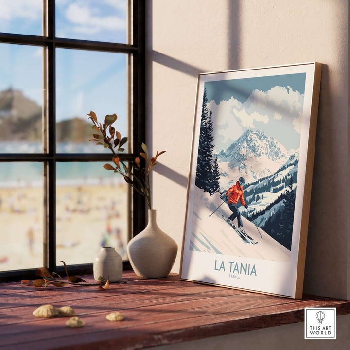 Ski poster of La Tania, France, showcasing alpine scenery and a skier, perfect for ski lovers' home decor.