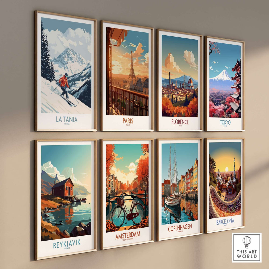 Collection of vibrant travel posters featuring La Tania, Paris, Florence, Tokyo, Reykjavik, Amsterdam, Copenhagen, and Barcelona.