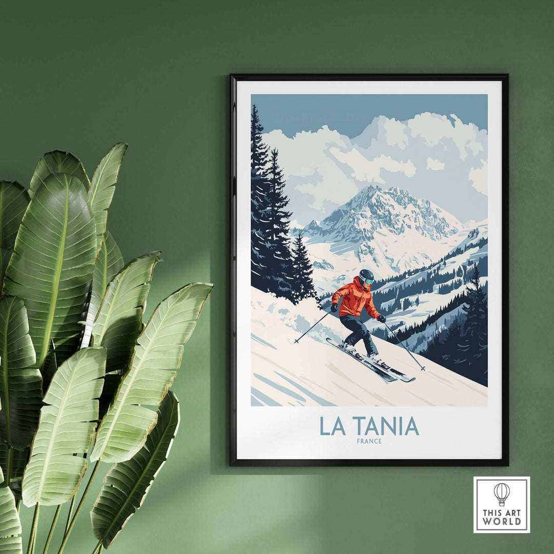 Ski poster of La Tania, France, featuring a skier in the French Alps, perfect for ski lovers' home decor.