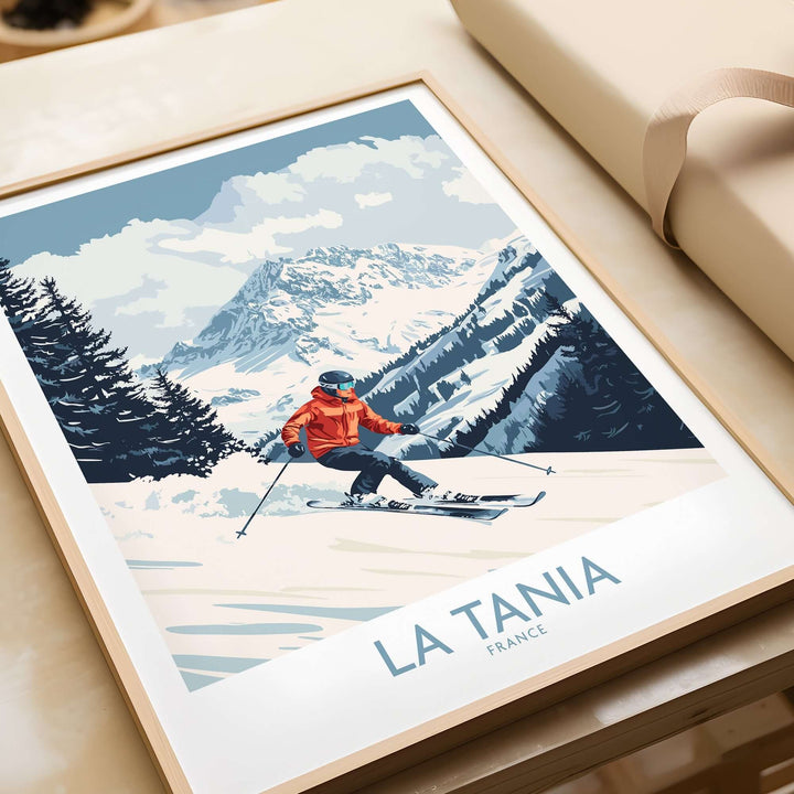 Ski poster featuring a skier in La Tania, France, with the majestic mountains of the French Alps in the background.