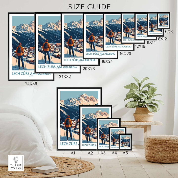 Ski poster size guide for Lech Zürs am Arlberg, Austria, showcasing various frame options in a stylish setting.