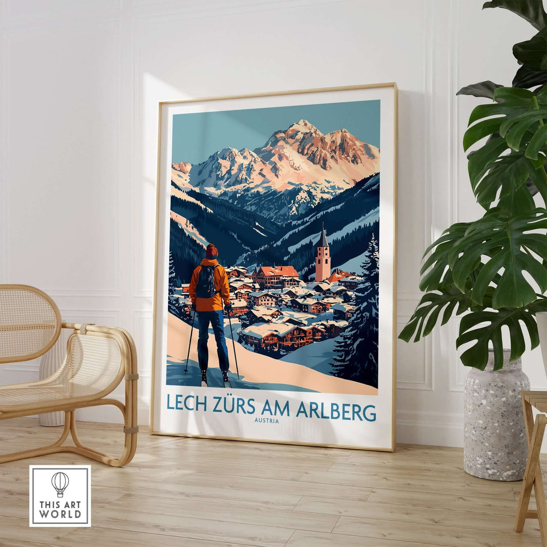 Ski poster of Lech Zürs am Arlberg, Austria, showcasing stunning mountain scenery and a skier. Ideal for decor lovers.