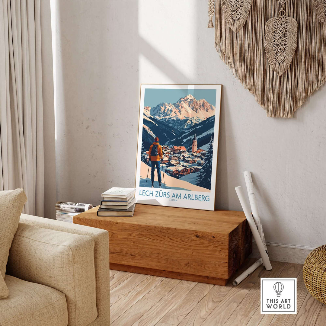 Ski poster of Lech Zürs am Arlberg in a cozy room, showcasing stunning mountain views and vibrant colors.