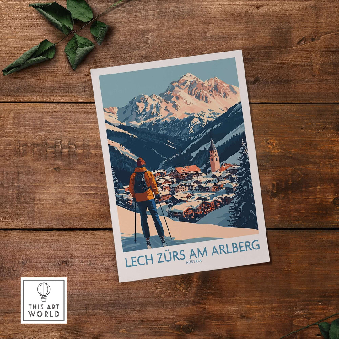 Ski poster of Lech Zürs am Arlberg, Austria, showcasing stunning mountain views and a scenic village backdrop.