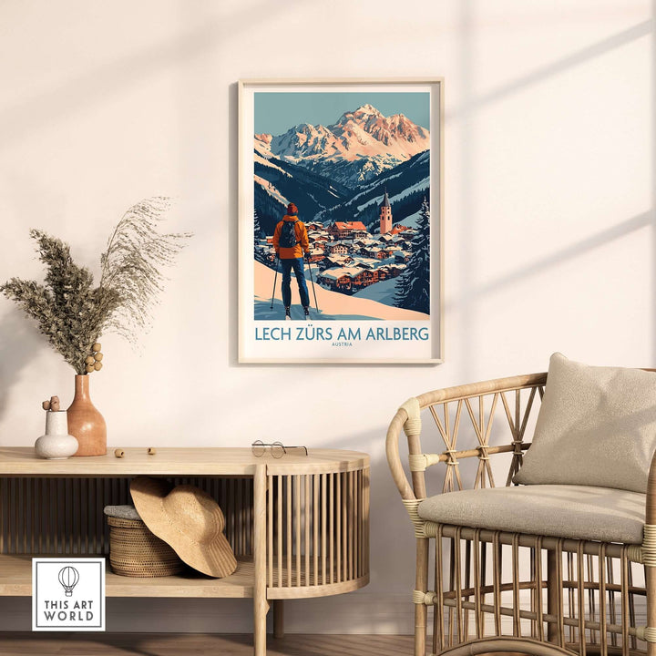 Ski poster of Lech Zürs am Arlberg, Austria, showcasing snowy mountains and a charming village scene. Perfect for ski enthusiasts.