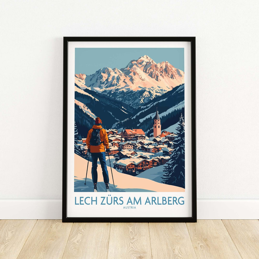 Vintage ski poster of Lech Zürs am Arlberg, Austria, featuring a skier overlooking snow-covered mountains and village.