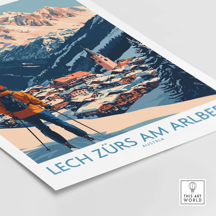 Ski poster featuring Lech Zürs am Arlberg, Austria, showcasing stunning mountain scenery and ski culture.