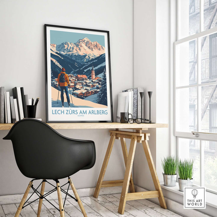 Ski poster of Lech Zürs am Arlberg displayed in a stylish workspace with mountains in the background.