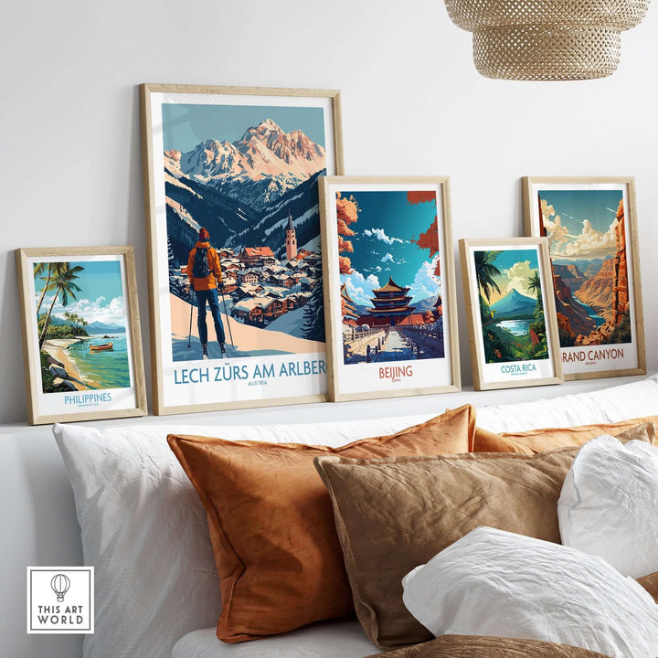 Ski poster of Lech Zürs am Arlberg showcased among travel-themed artworks in a stylish living room setting.