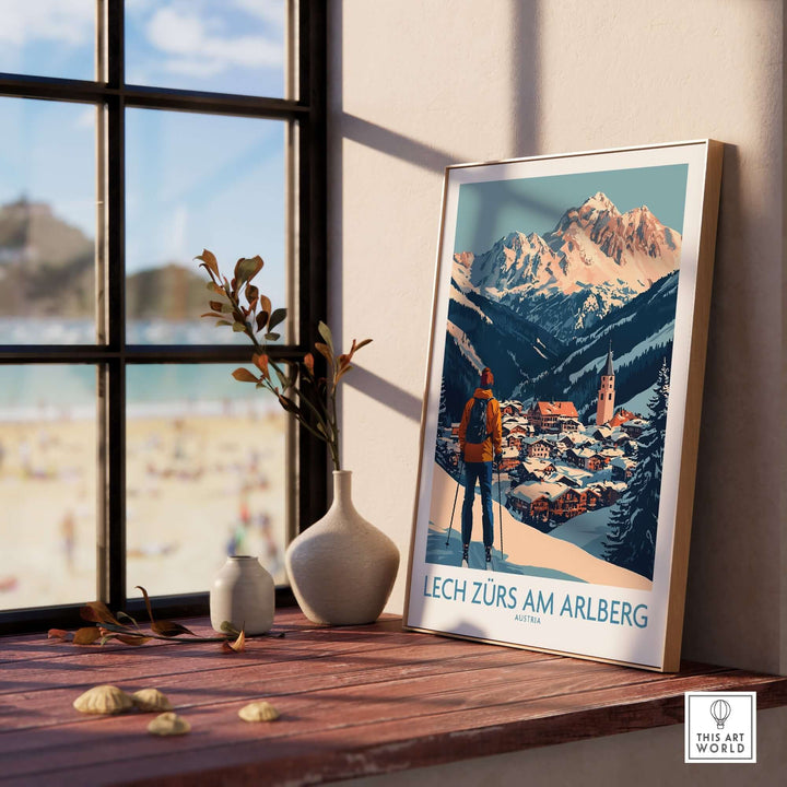 Ski poster featuring Lech Zürs am Arlberg, Austria displayed in a bright room by the window.