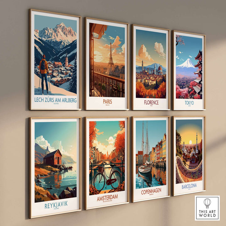 Colorful travel posters featuring Lech Zürs am Arlberg, Paris, Florence, Tokyo, Amsterdam, Copenhagen, Reykjavik, and Barcelona.