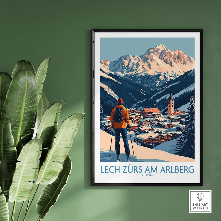 Ski poster of Lech Zürs am Arlberg, Austria, featuring snowy mountains and a skier, perfect for travel enthusiasts.