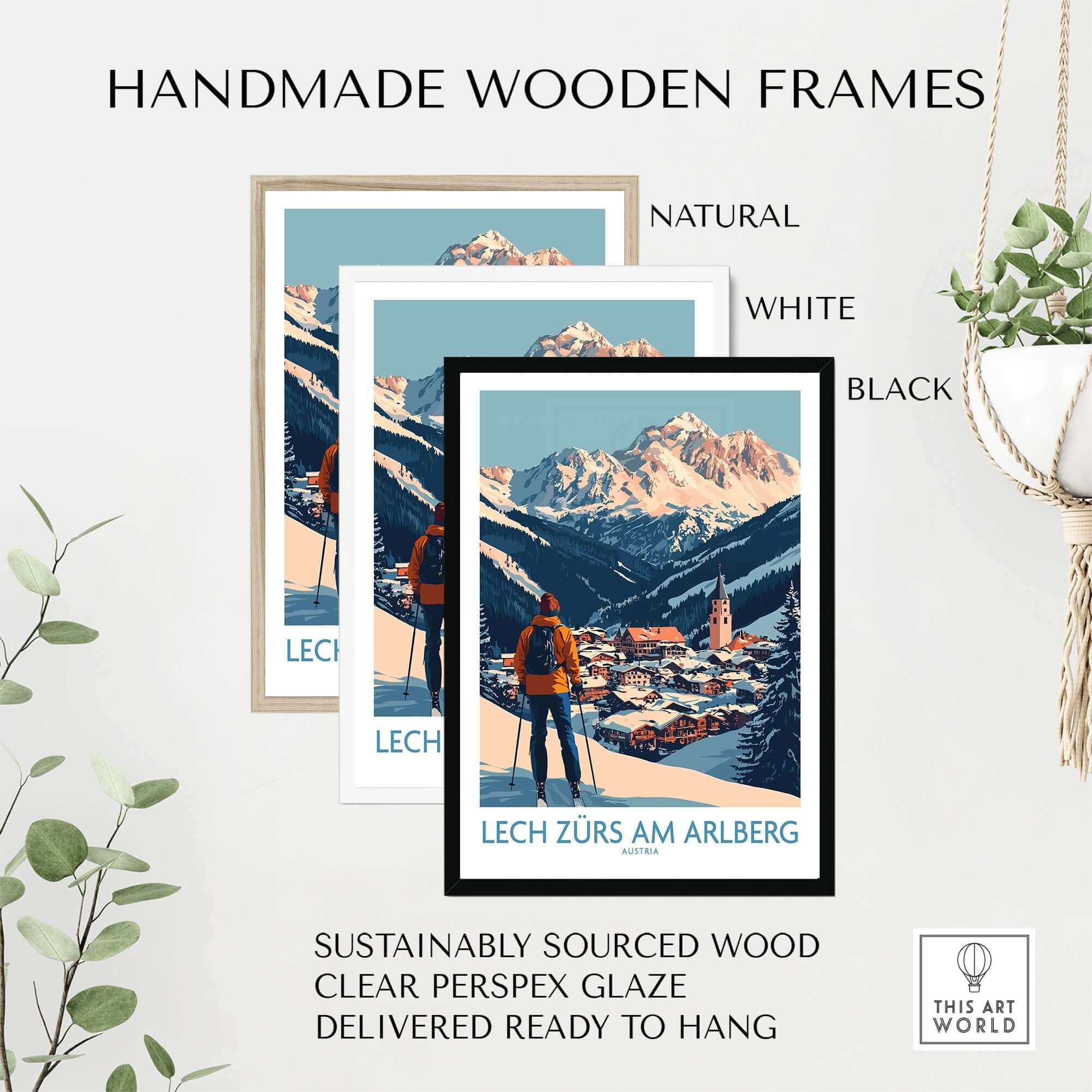 Handmade wooden frames for Lech Zürs am Arlberg ski poster in natural, white, and black colors, ready to hang.