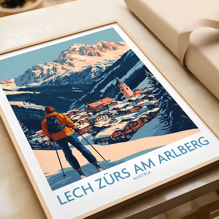 Ski poster of Lech Zürs am Arlberg, Austria, showcasing a scenic view of mountains and snowy village. Perfect for ski enthusiasts.