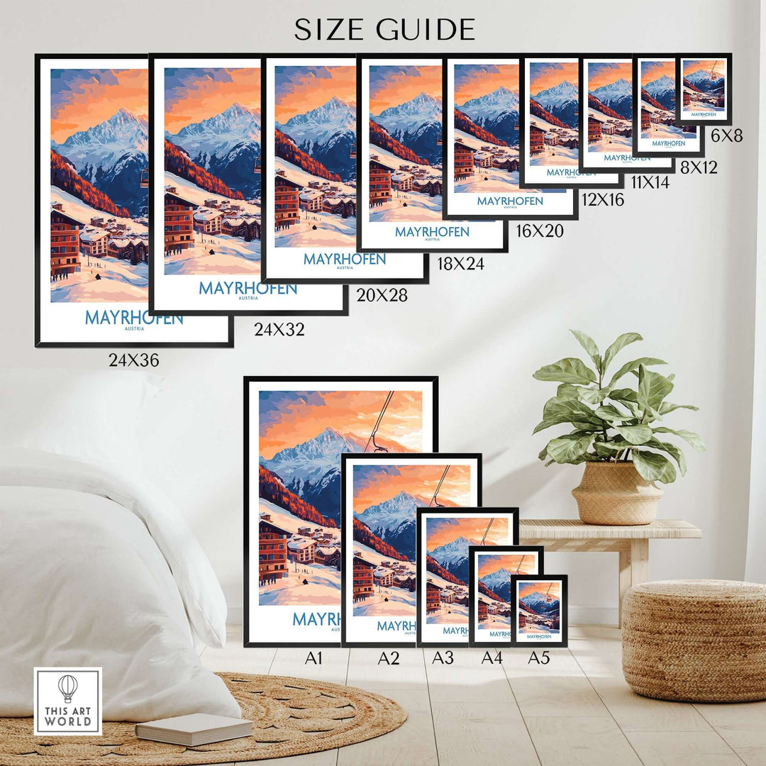 Size guide for Mayrhofen ski poster showcasing various frame sizes against a stylish home decor backdrop.