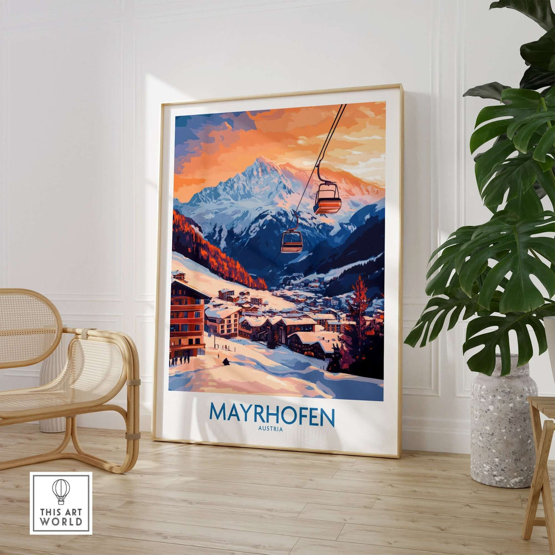 Ski poster of Mayrhofen, Austria showcasing stunning mountain views and ski lifts at sunset, perfect for ski enthusiasts.