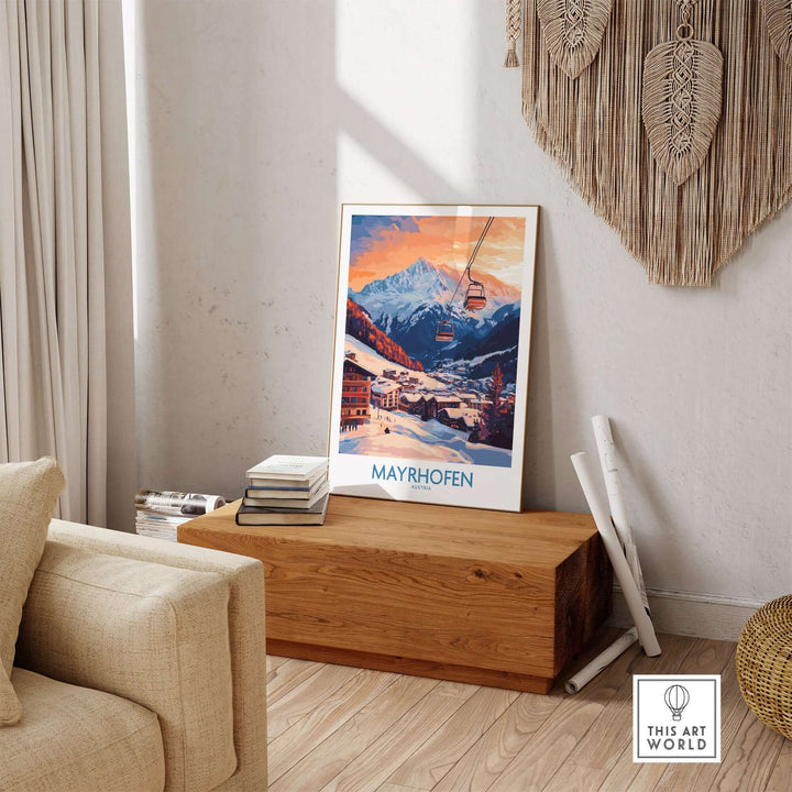 Ski poster of Mayrhofen, Austria, showcasing scenic Alps and sunset; perfect for home or office decor.