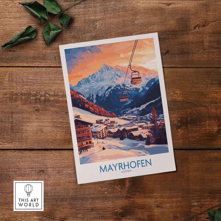 Ski poster of Mayrhofen, Austria, featuring stunning sunset mountains and ski lifts, perfect for winter sports enthusiasts.