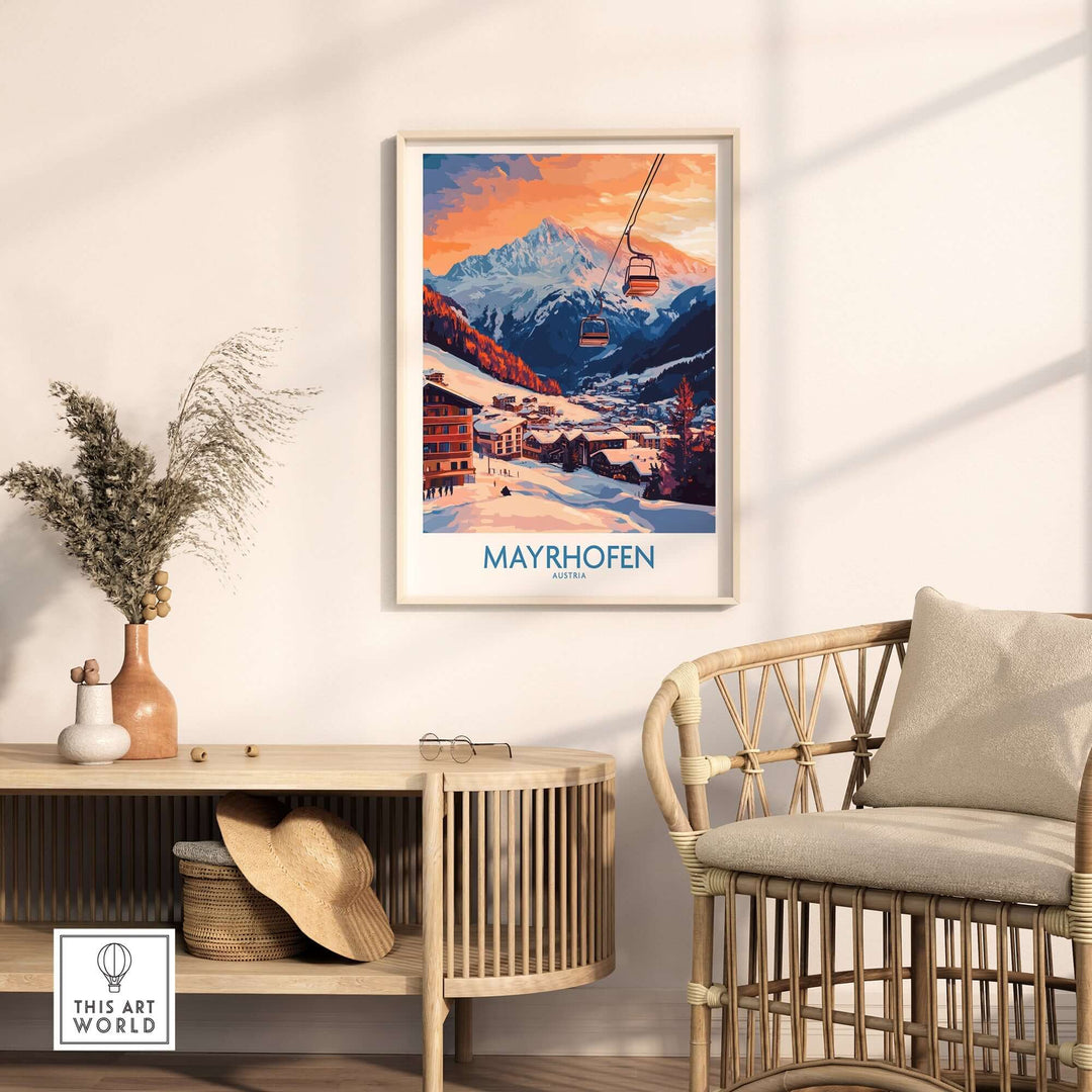 Ski poster of Mayrhofen, Austria, showcasing majestic mountains and a ski lift in a cozy living room setting.