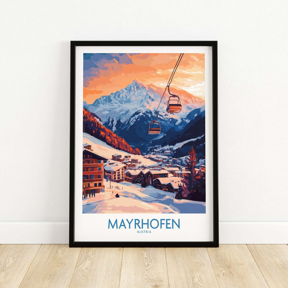 Ski poster of Mayrhofen, Austria, featuring snowy slopes and a sunset view of the Alps in a stylish frame.