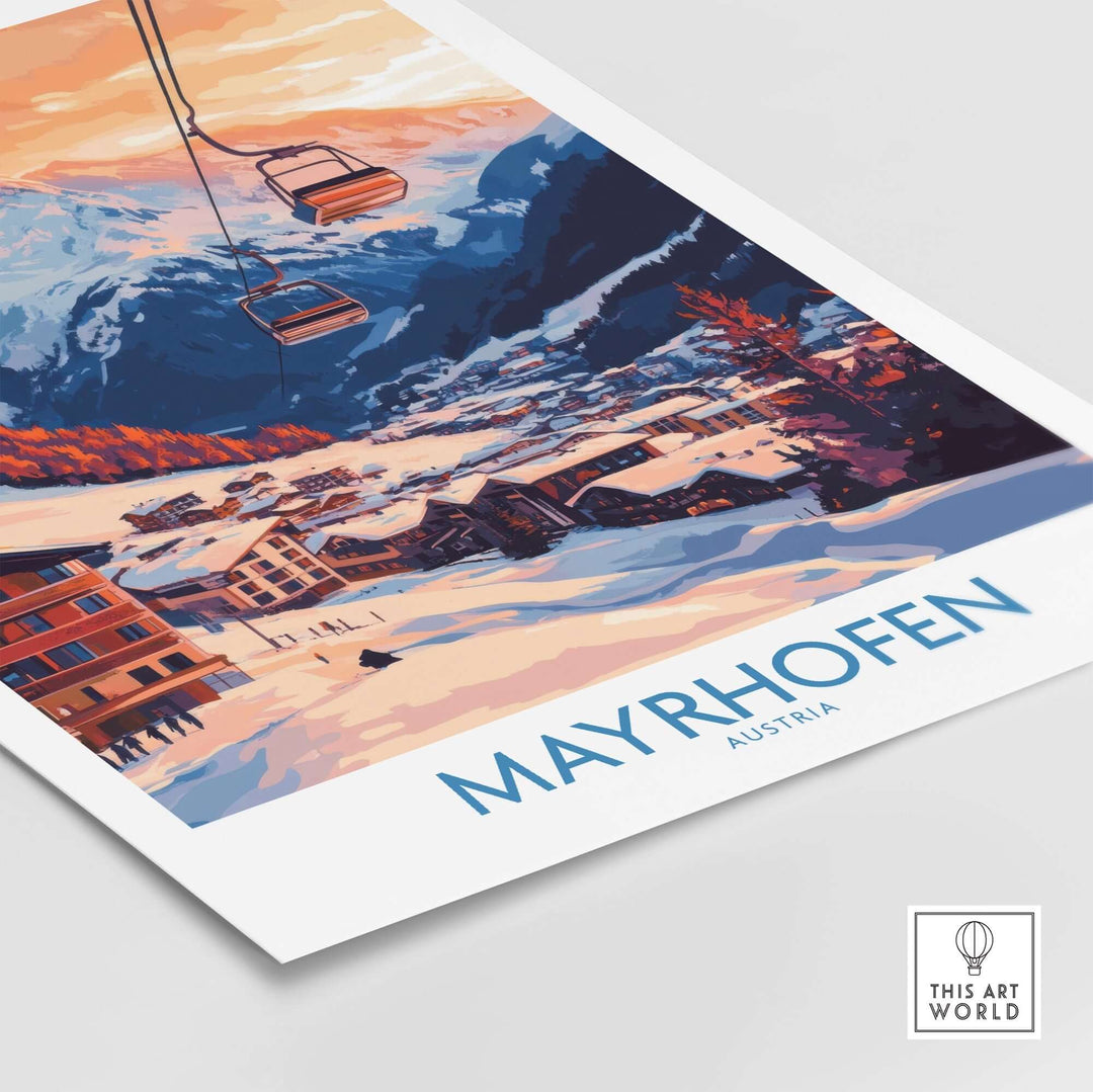 Ski poster of Mayrhofen, Austria showcasing a sunset view over snowy slopes and a ski lift. Perfect for ski enthusiasts.