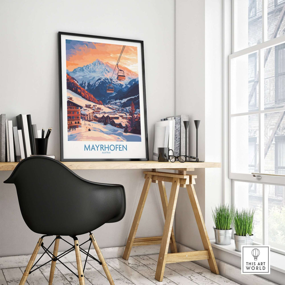 Ski poster of Mayrhofen, Austria featuring mountains and a cable car, displayed in a stylish home office setting.