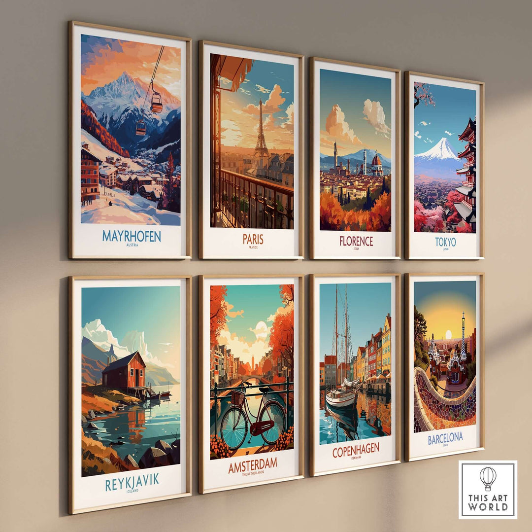 Collection of travel posters featuring cities like Mayrhofen, Paris, Florence, Tokyo, and more, beautifully displayed on a wall.