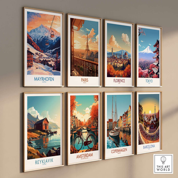 Collection of travel posters featuring cities like Mayrhofen, Paris, Florence, Tokyo, and more, beautifully displayed on a wall.