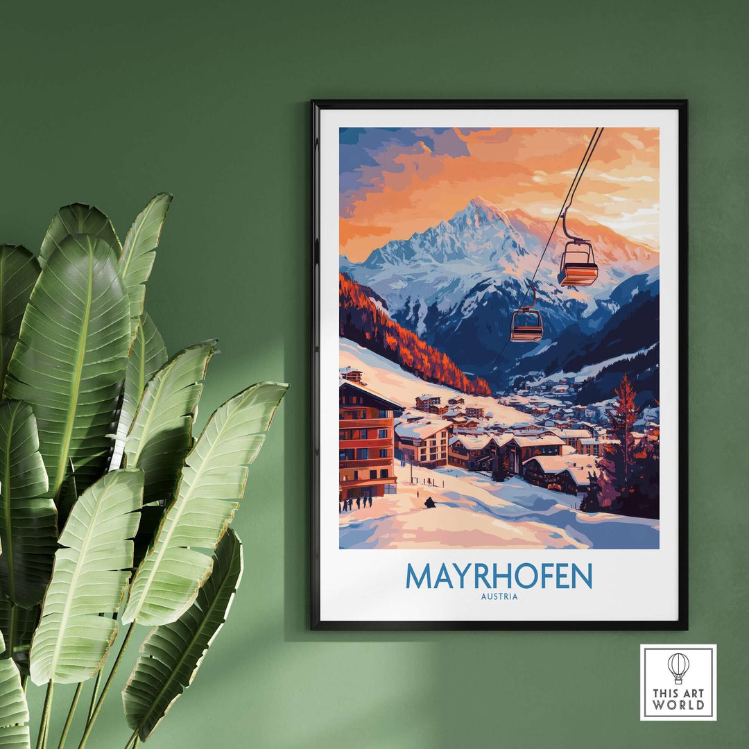 Ski poster of Mayrhofen, Austria, featuring scenic mountains and ski lifts, perfect for home or office decor.