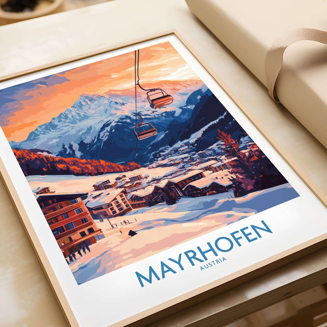 Ski poster of Mayrhofen, Austria, showcasing a sunset over the Alps and ski lifts, perfect for winter sports enthusiasts.