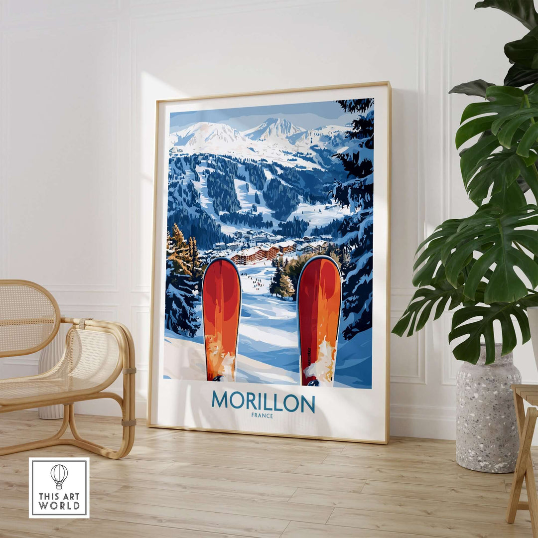 Ski poster of Morillon, France with snow-covered slopes and red skis, perfect for winter sports enthusiasts.