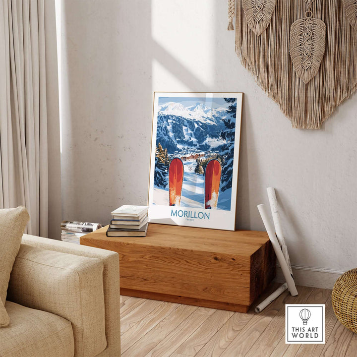 Ski poster of Morillon, France, showcasing snowy slopes and vibrant skis, perfect for winter sports enthusiasts.