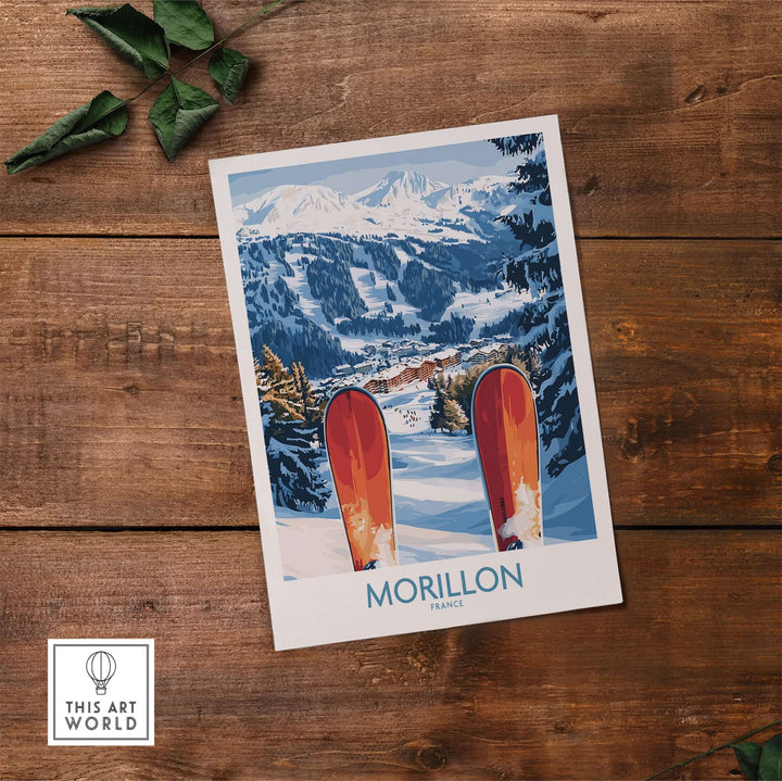 Ski poster of Morillon, France showcasing snowy slopes and vibrant skis against a wooden backdrop.