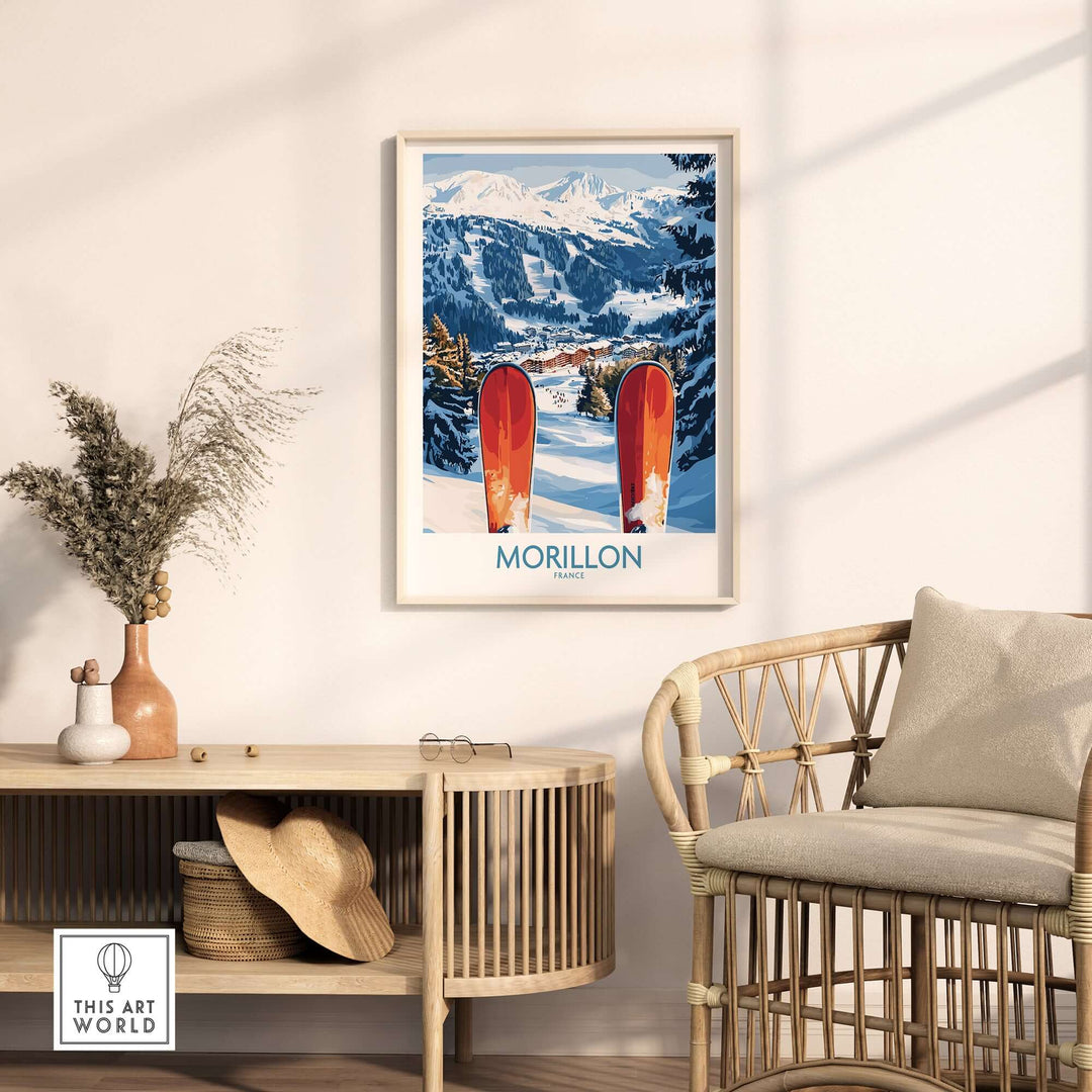 Ski poster of Morillon France showcasing snow-covered slopes and ski equipment in a cozy home setting.